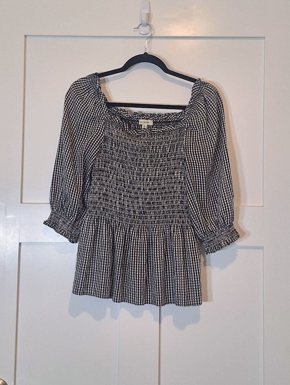 Max Studio Gingham Smocked Peplum Blouse Puff Sleeves Square Neck Large